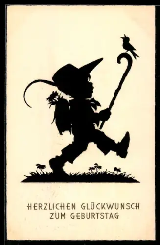 AK Kleiner Wanderer mit singendem Vogel auf dem Stock, Geburtstagsgruss