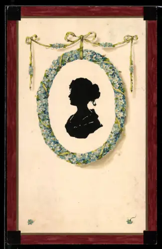 Künstler-AK Meissner & Buch (M&B) Nr.1488: Silhouette einer Frau in einem Rahmen aus Vergissmeinnicht