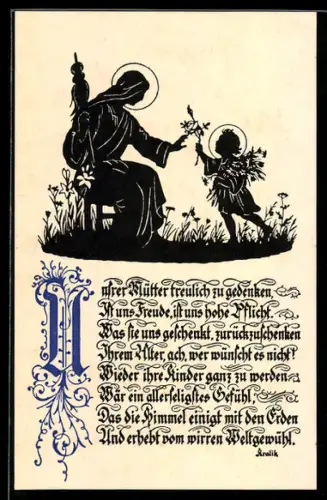 AK Kind übergibt der Mutter einen Blumengruss, Spruch von Kralik, Scherenschnitt