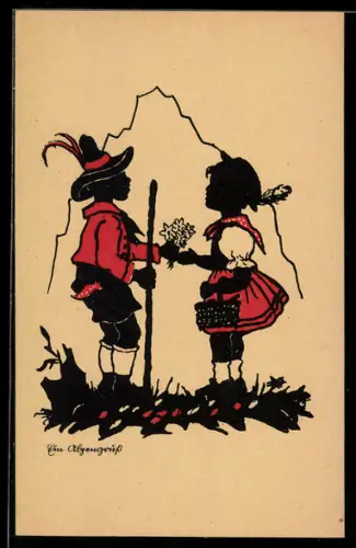AK Ein Pärchen in Tracht Ein Alpengruss, Scherenschnitt
