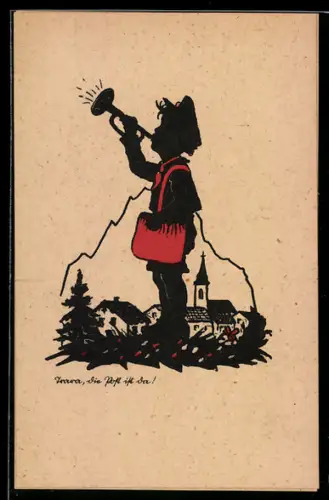 AK Junge mit Posthorn, Hurra, die Post ist da! Scherenschnitt