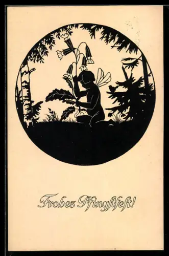 AK Elflein unter einer Blume, Pfingstgruss