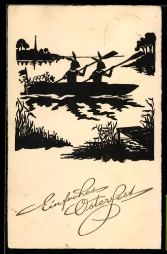 AK Osterhasen beim Eiertransport per Boot, Ostergruss