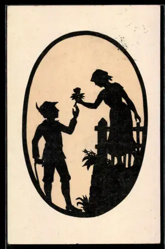 AK Ein Morgengruss, Wanderer und Mädchen mit Blume