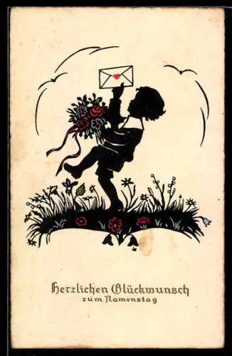 AK Kleiner Gratulant mit Blumen u. Brief, Namenstagsgruss