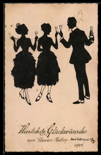 AK Kavalier und zwei Damen beim Sekt, Neujahrsgruss
