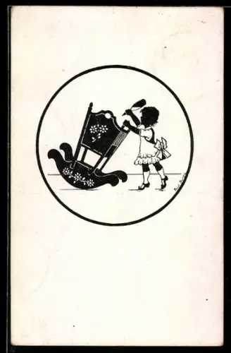 AK Kleines Kindermädchen mit Fläschchen an der Wiege