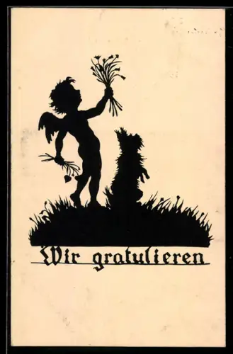 AK Wir gratulieren, Engel und Hund
