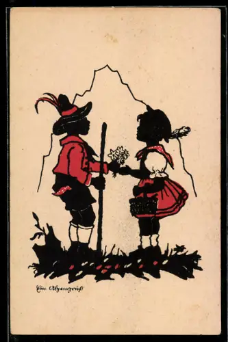 AK Mädchen bekommt Blumen vom Ziegenhirt, Scherenschnitt