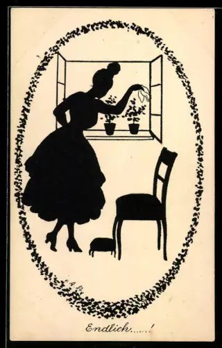 Künstler-AK Ov.Alt-Stutterheim: Endlich ...!, eine junge Frau winkt am Fenster mit einem Taschentuch, Schattenriss