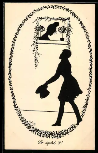 Künstler-AK Ov.Alt-Stutterheim: So spät?, ein Mann steht unter dem Fenster einer Frau, Schattenriss