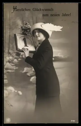 Foto-AK NPG Nr. 3182: Junge Frau mit Kalenderblatt zum 1. Januar