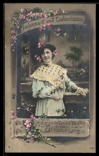 Foto-AK NPG Nr. 416/1: Junge Frau im Kleid in der Maienzeit, Notenzeilen