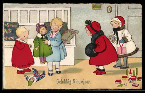 AK Mädchen mit Puppe, Geschenke, Muff