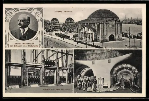 AK Hamburg-St. Pauli, Elbtunnel, Porträt des Erbauers, Eingang