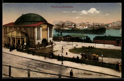 AK Hamburg-St. Pauli, Elbtunnel, Aussenansicht mit Hafen