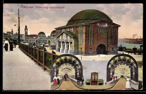 AK Hamburg-St. Pauli, Elbtunnel, Ein- und Ausgang