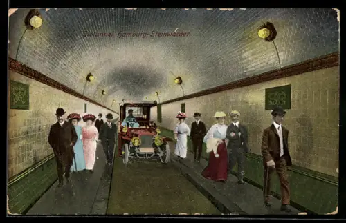 AK Hamburg-St. Pauli, Elbtunnel, Fussgänger und Automobil im Tunnel