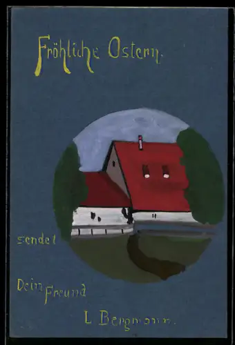 Künstler-AK Handgemalt: Gehöft, Ostergruss, L. Bergmann
