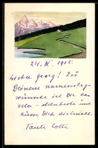 Künstler-AK Handgemalt: Gebirgsweg zu einer Alm