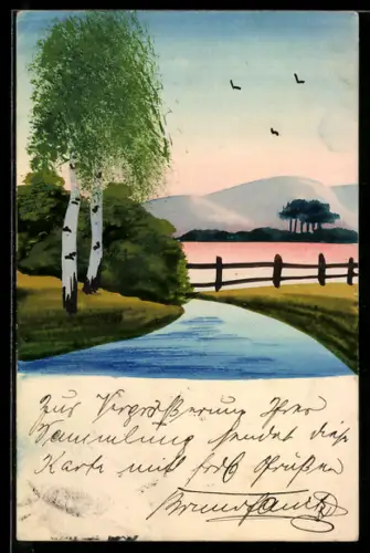 Künstler-AK Handgemalt: Birken an einem Fluss, Schablonenmalerei