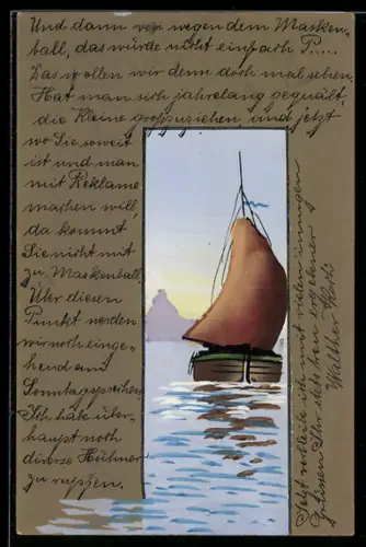 Künstler-AK Handgemalt: Segelboot und Berg