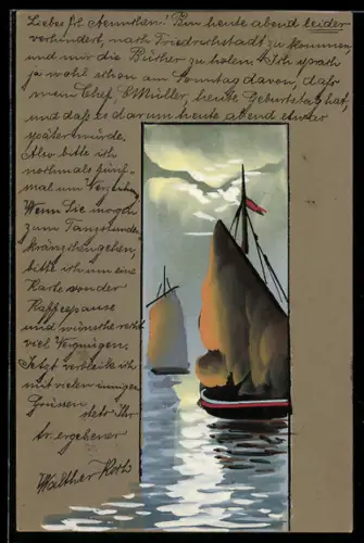 Künstler-AK Handgemalt: Segelschiffe in fahler Sonne