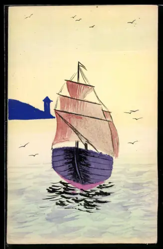 Künstler-AK Handgemalt: Segelschiff und Leuchtturm