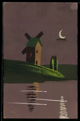 Künstler-AK Handgemalt: Windmühle bei Mondschein