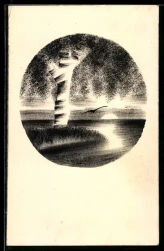 Künstler-AK Handgemalt: Wasserpartie bei Sonnenuntergang, Baum, Möwe