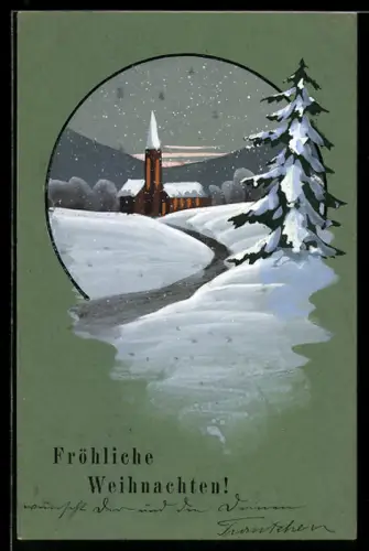 Künstler-AK Handgemalt: Kirche im Schnee, Weihnachtsgruss