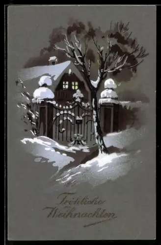 Künstler-AK Handgemalt: Haus im Schnee, Weihnachtsgruss