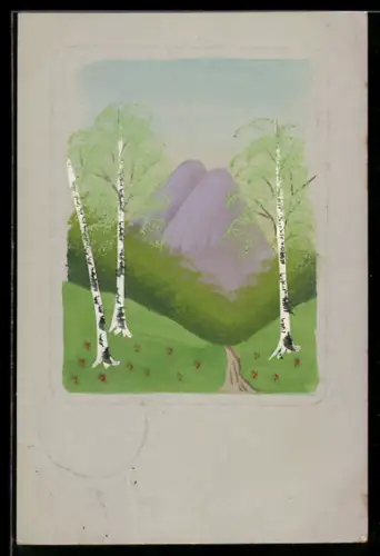 Künstler-AK Handgemalt: Landschaft mit Bergen u. Birken