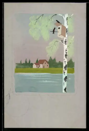 Künstler-AK Handgemalt: Birke mit Nistkasten u. Vögeln, Haus