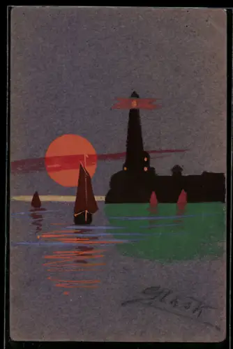 Künstler-AK Handgemalt: Leuchtturm mit roter Sonne, Segelboote