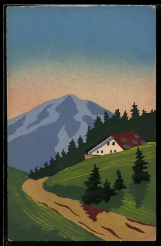 Künstler-AK Handgemalt: Landstrasse mit Anwesen und Berg