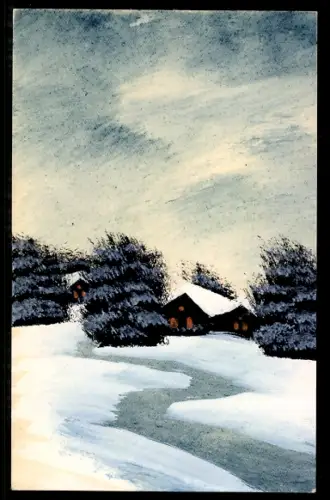 Künstler-AK Handgemalt: Häuser in Schneelandschaft