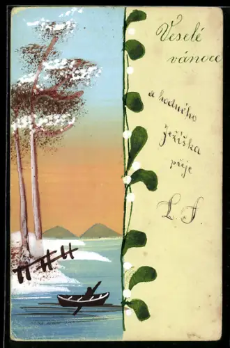 Künstler-AK Handgemalt: Uferpartie mit Schnee, Bäumen, Boot u. Bergen, Veselé vánoce