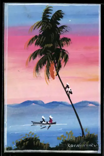 Künstler-AK Handgemalt: Palme mit Kletterer und Bootspartie
