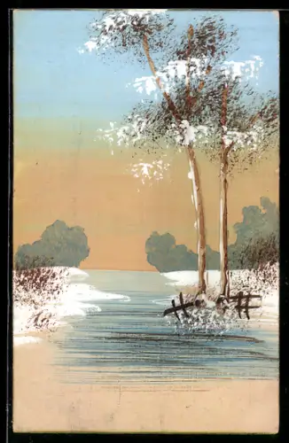 Künstler-AK Handgemalt: Flusspartie mit Schnee und Bäumen