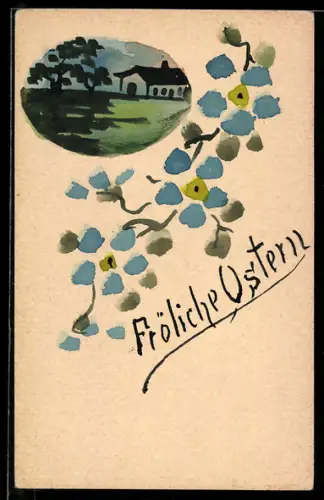 Künstler-AK Handgemalt: Haus, Blütenzweig, Ostergruss