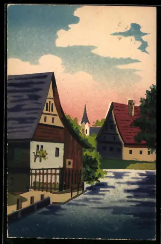 Künstler-AK Handgemalt: Strasse mit Häusern u. Kirche