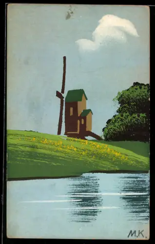 Künstler-AK Handgemalt: Gewässer und Windmühle