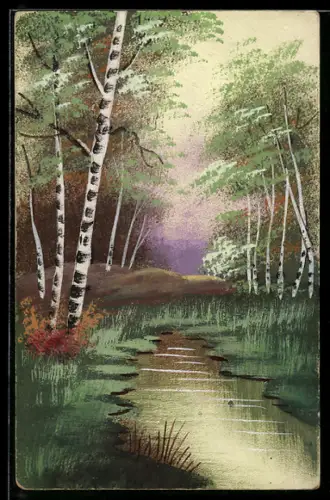 Künstler-AK Handgemalt: Flusspartie mit Birken