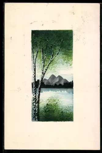 Künstler-AK Handgemalt: Birken, Gewässer und Berge