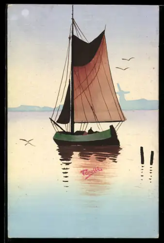 Künstler-AK Handgemalt: Segelboot in der Morgensonne