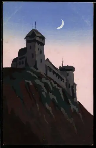 Künstler-AK Handgemalt: Burg im Mondschein