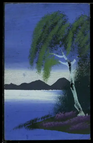 Künstler-AK Handgemalt: Nächtliche Seepartie mit Birke u. Bergen