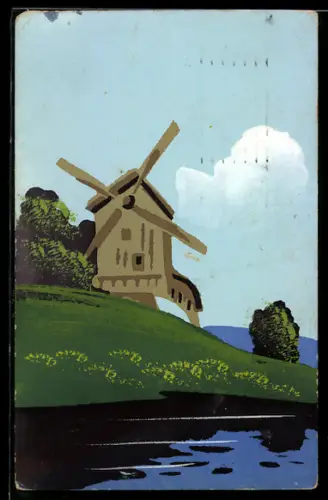 Künstler-AK Handgemalt: Windmühle am Wasser