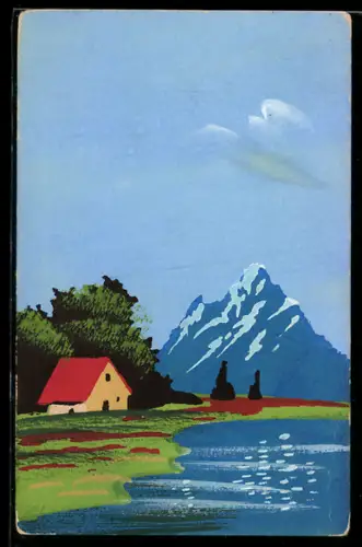 Künstler-AK Handgemalt: Haus und Berg am Wasser